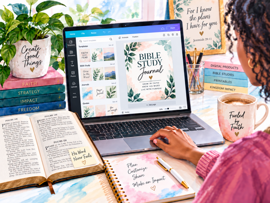 Colorful Christian digital product workspace with an open Bible, “His Word Never Fails” sticky note, Canva-style Bible study journal template on a laptop, faith-based books, notebook, plants, and coffee mug.