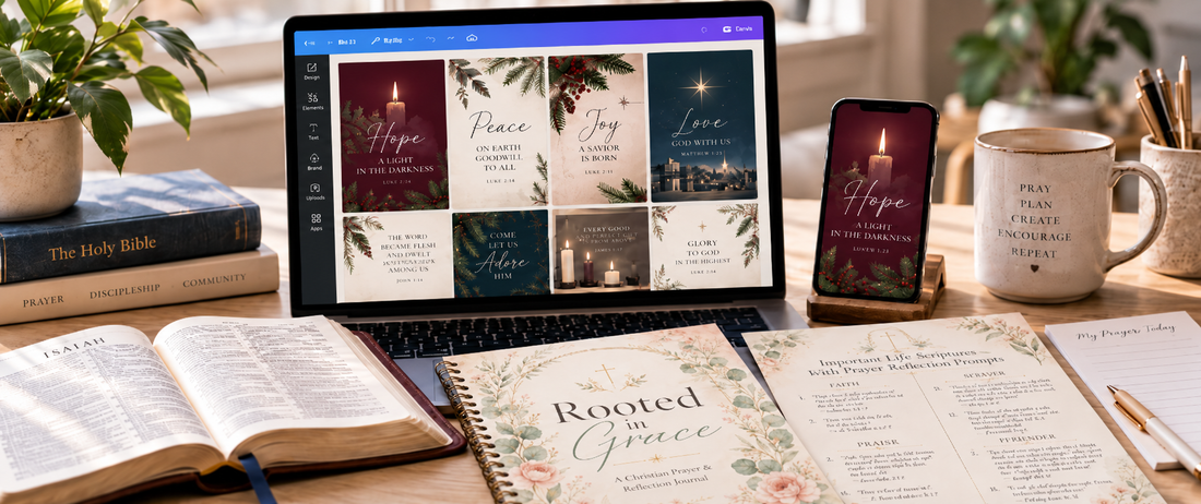 Faith-based digital products workspace featuring Rooted in Grace devotional journal, KJV Scripture study sheet, open Bible, and Advent social media templates on a laptop.