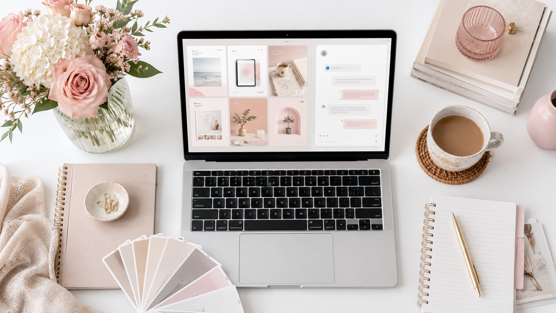 Bright feminine workspace with a laptop showing digital product templates and an AI chat interface, surrounded by flowers, coffee, notebooks, and design swatches for digital product creation.