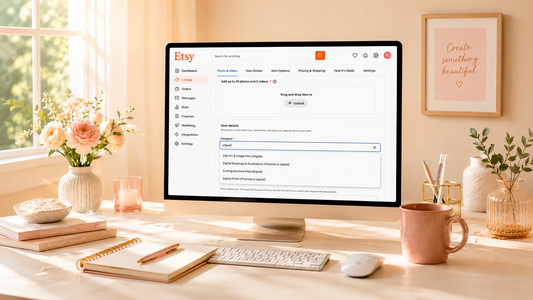 Etsy new features 2026: listing editor showing the 2 video upload option and category auto-suggest dropdown