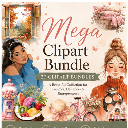 Clipart Bundle with MRR & PLR | 27 Commercial Use PNG Clipart Sets for Canva, Printables, Stickers & Digital Products