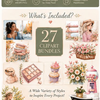Clipart Bundle with MRR & PLR | 27 Commercial Use PNG Clipart Sets for Canva, Printables, Stickers & Digital Products