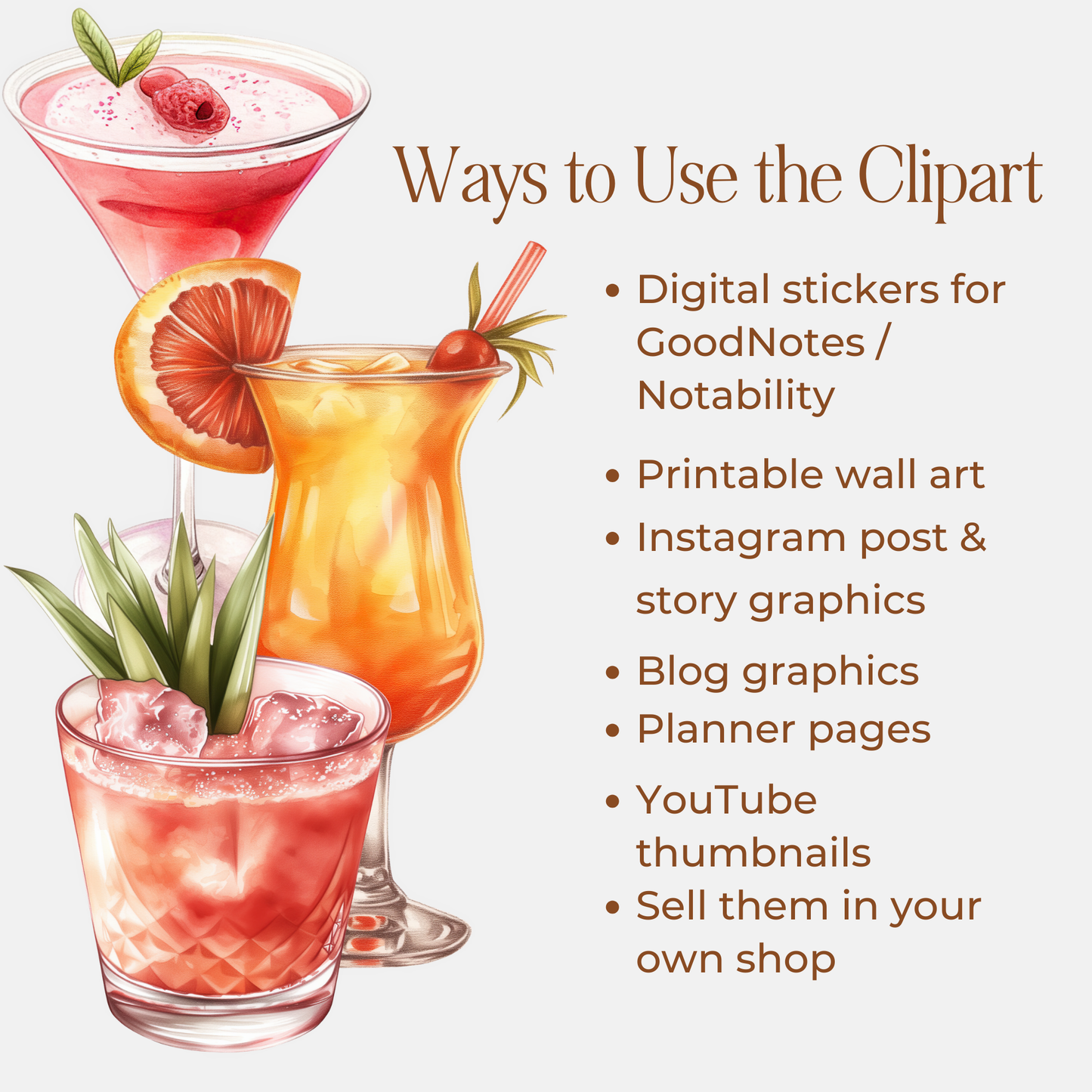 Cocktail Clipart Bundle: 11 Transparent PNGs + Cocktail Prompt Guide (Canva) + Bonus Canva Crash Course Boundless PLR