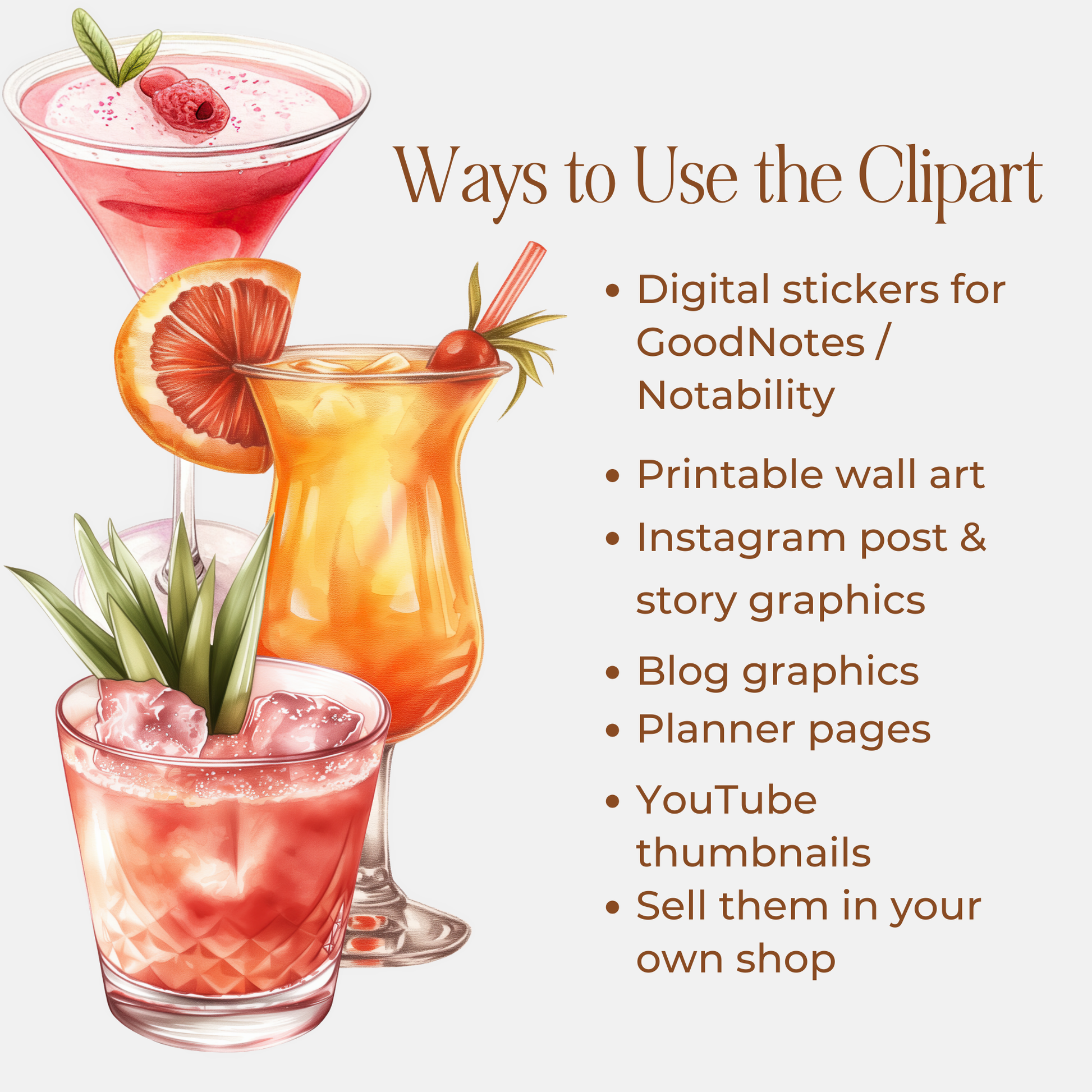 Cocktail Clipart Bundle: 11 Transparent PNGs + Cocktail Prompt Guide (Canva) + Bonus Canva Crash Course Boundless PLR