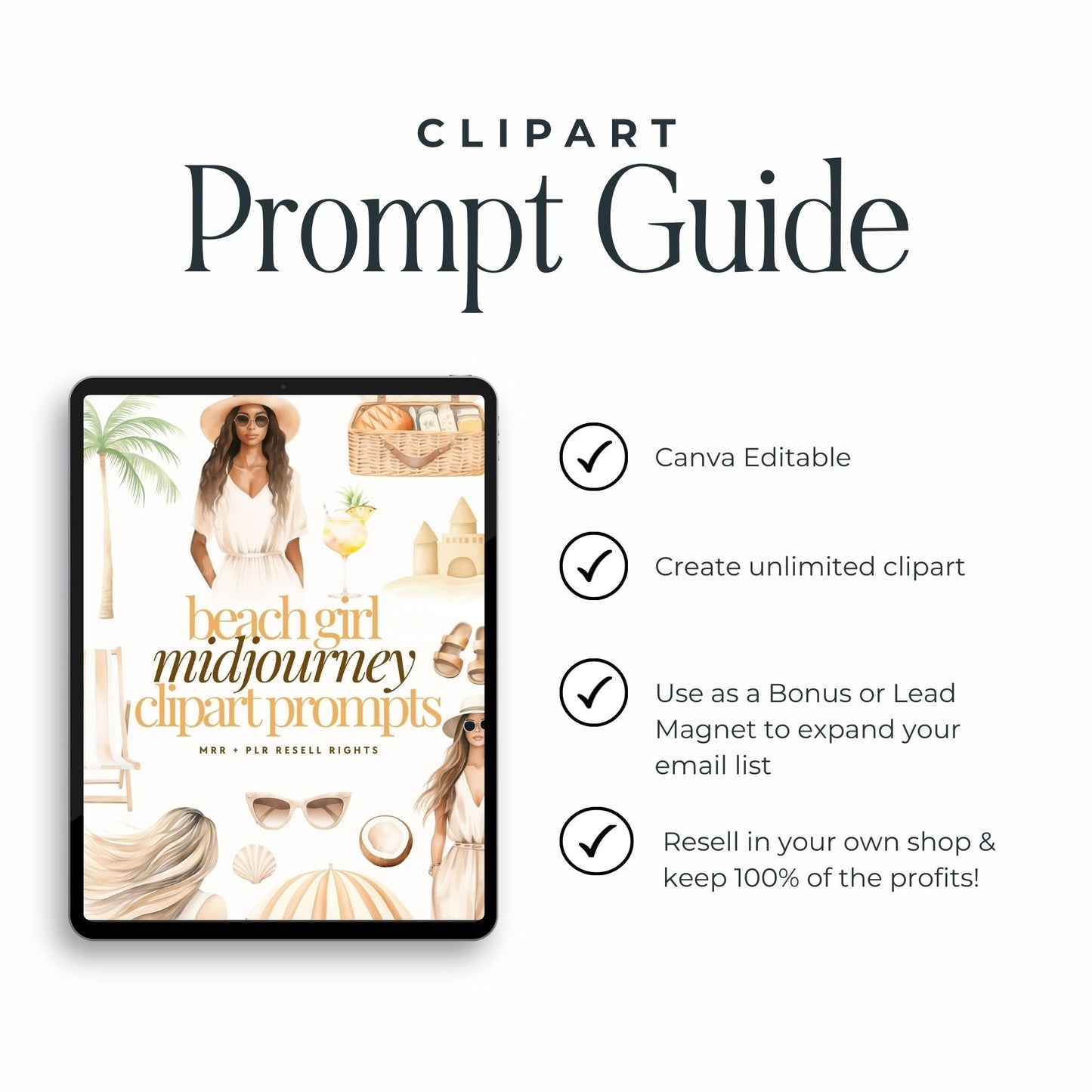 Beach Girl Clipart & Prompts Bundle  MRR PLR | Neutral Summer PNGs | Clipart Commercial Use + Bonus Boundless PLR