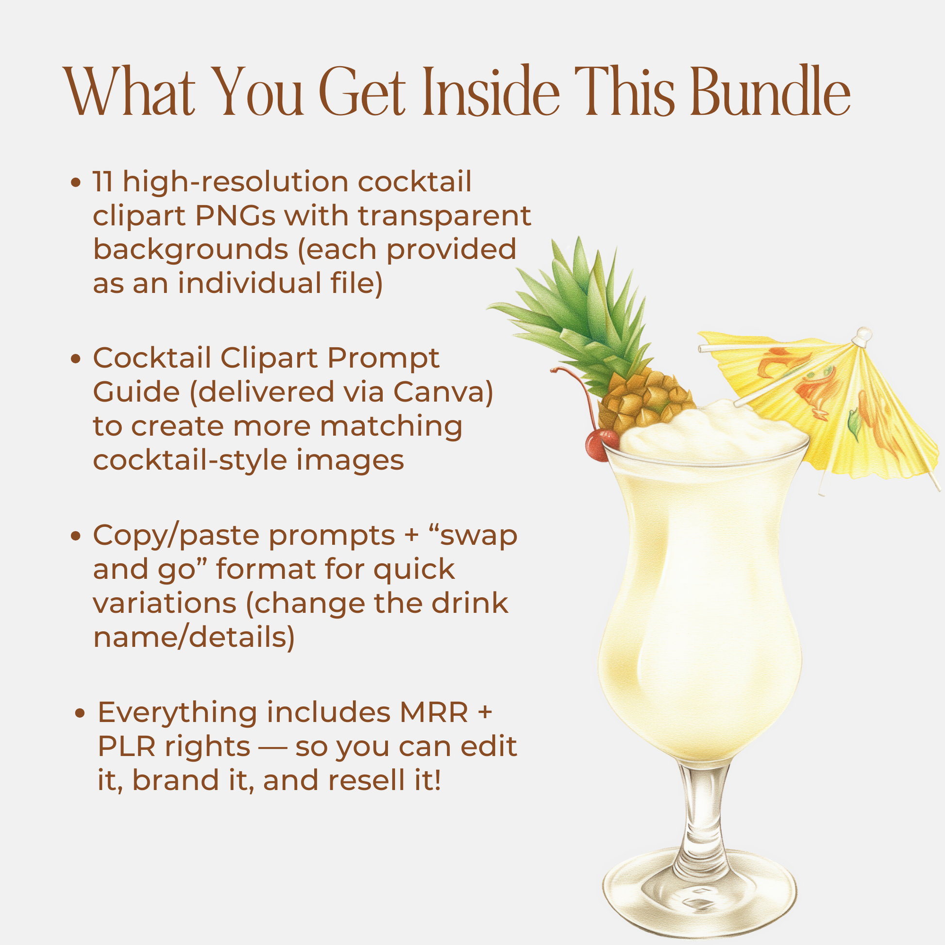 Cocktail Clipart Bundle: 11 Transparent PNGs + Cocktail Prompt Guide (Canva) + Bonus Canva Crash Course Boundless PLR