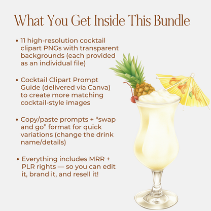 Cocktail Clipart Bundle: 11 Transparent PNGs + Cocktail Prompt Guide (Canva) + Bonus Canva Crash Course Boundless PLR