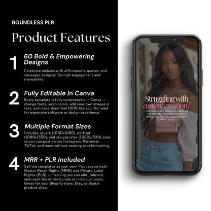 Melanin Magic Instagram Templates – 60 Canva-Editable Designs with PLR & MRR Rights Boundless PLR