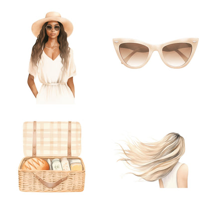 Beach Girl Clipart & Prompts Bundle  MRR PLR | Neutral Summer PNGs | Clipart Commercial Use + Bonus Boundless PLR
