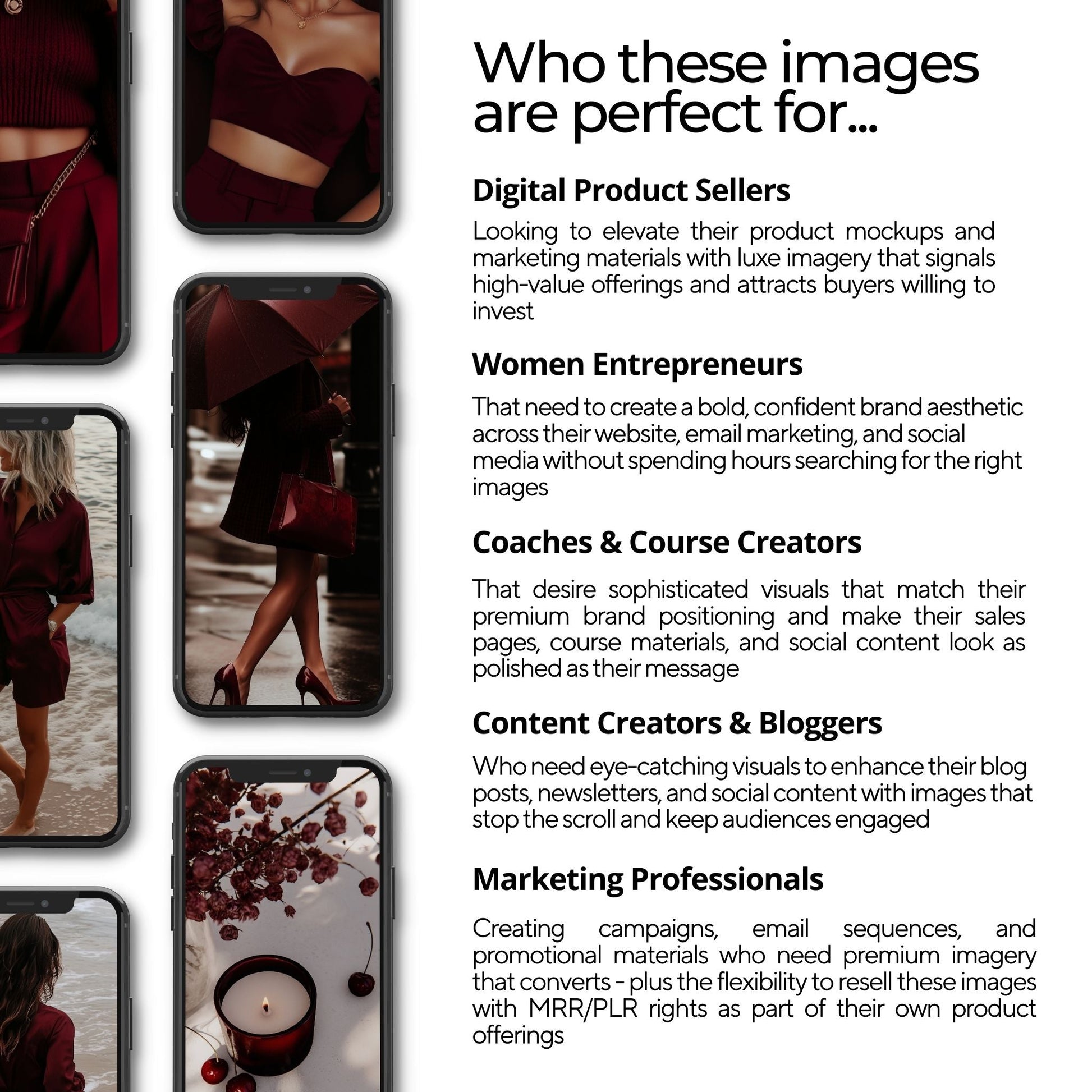 Burgundy Luxe AI Image Pack (75 Premium Images) Square + Story + MRR & PLR Rights Boundless PLR