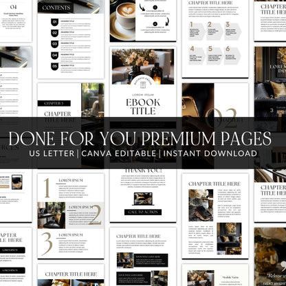 Canva eBook Template (Luxe Editorial) + Workbook & Guide Layouts | MRR + PLR + Bonus Black & Gold Stock Photos Boundless PLR