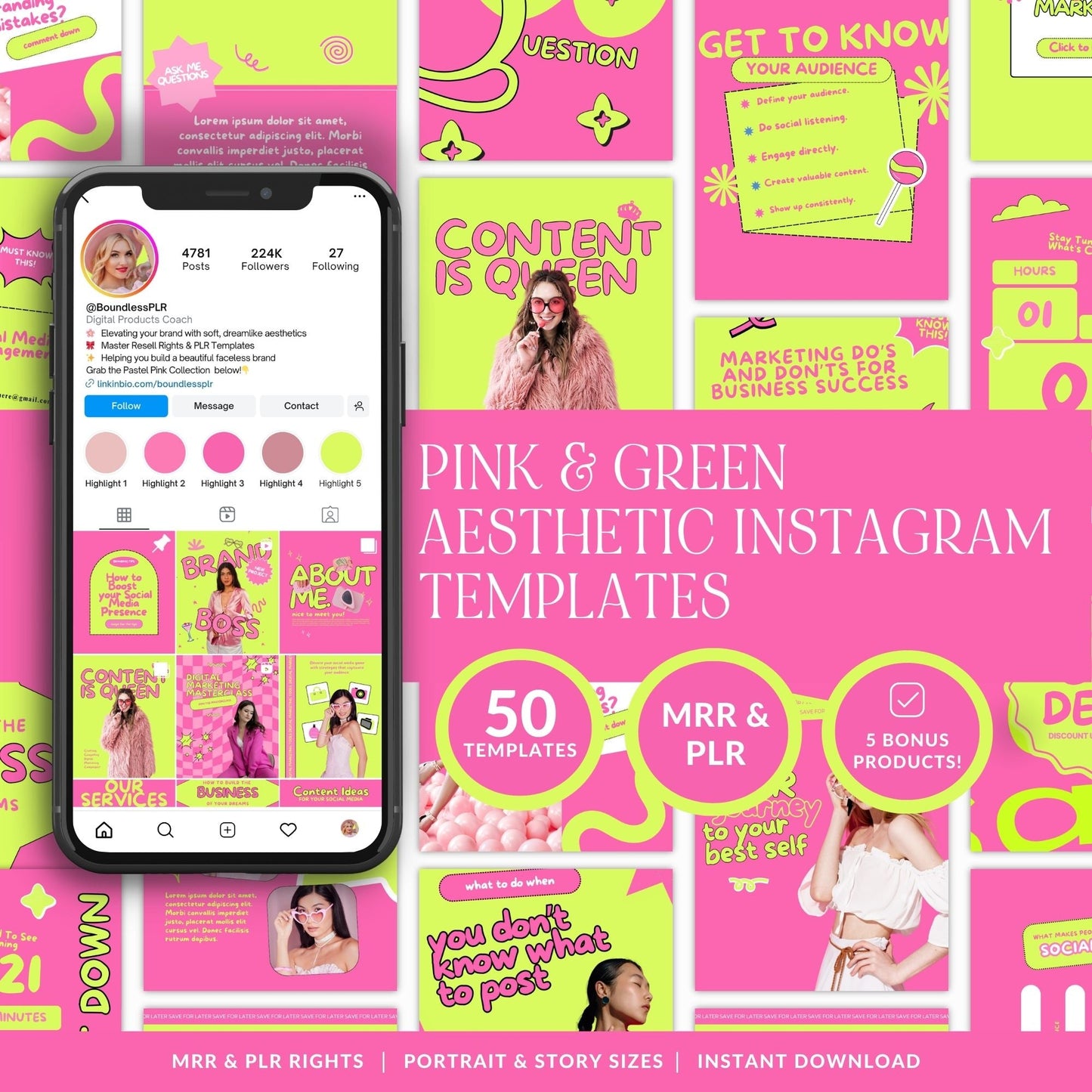 Canva Instagram Templates for Entrepreneurs | Pink Aesthetic Feed & Stories | MRR Digital Product Boundless PLR