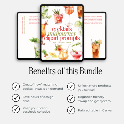 Cocktail Clipart Bundle: 11 Transparent PNGs + Cocktail Prompt Guide (Canva) + Bonus Canva Crash Course Boundless PLR