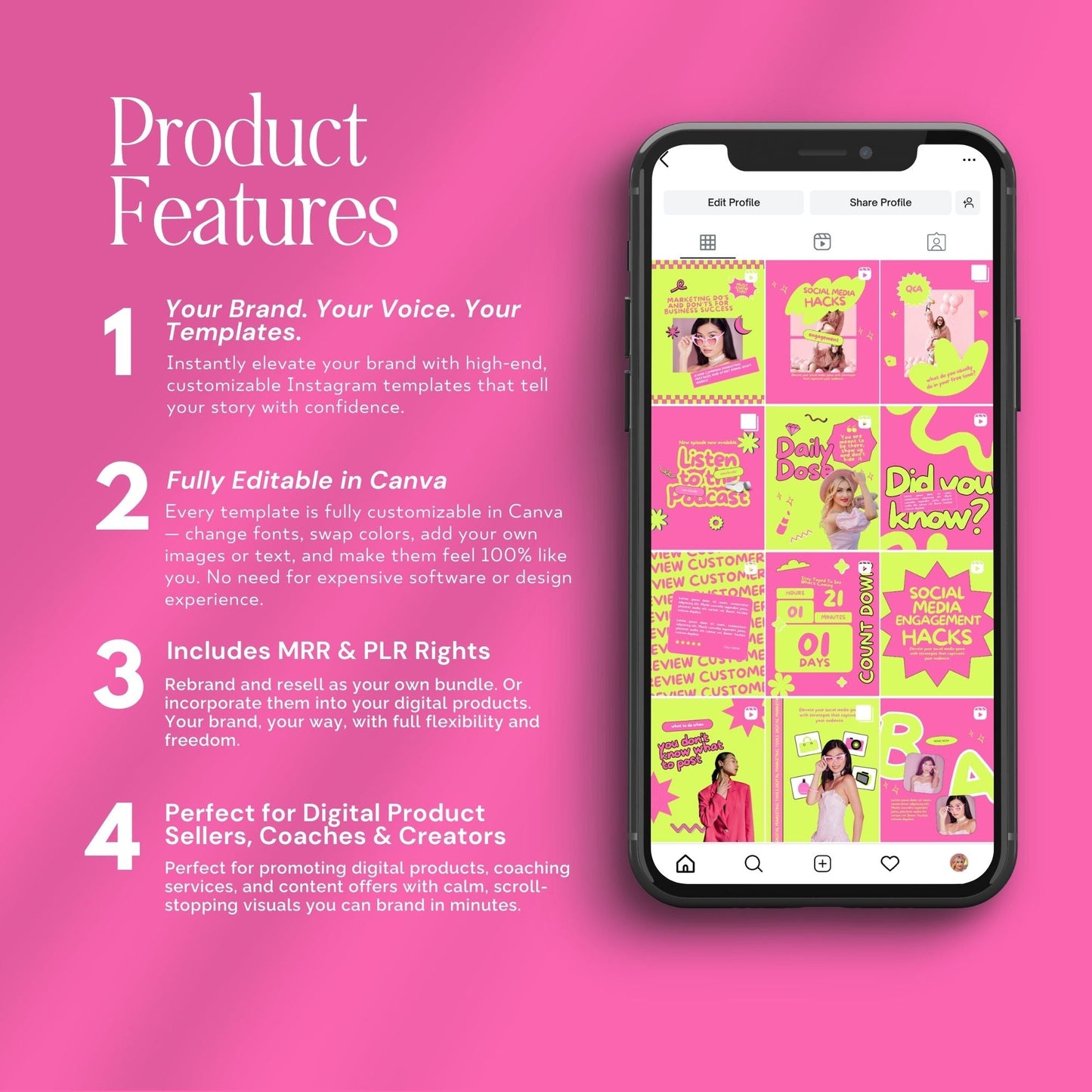 Canva Instagram Templates for Entrepreneurs | Pink Aesthetic Feed & Stories | MRR Digital Product Boundless PLR