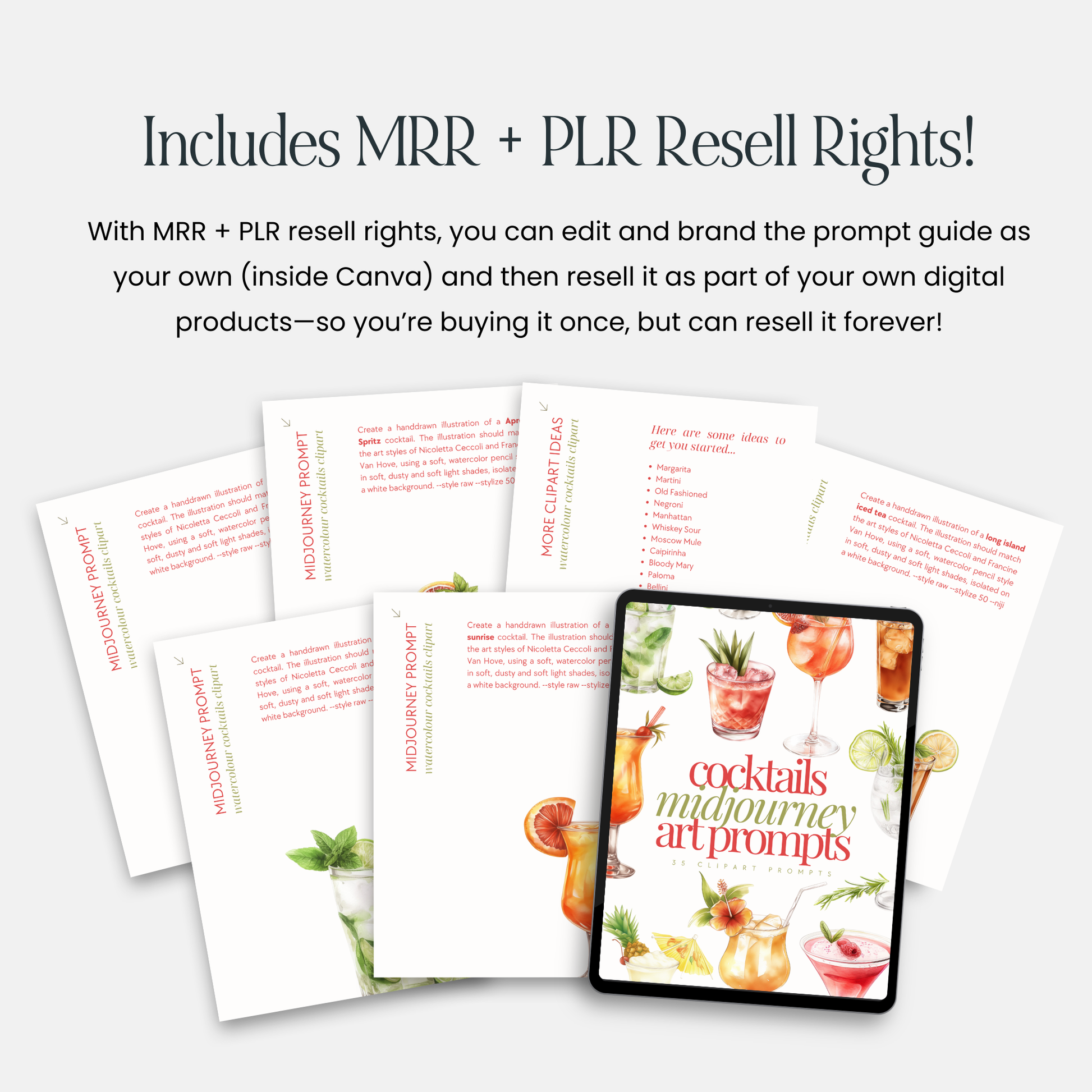 Cocktail Clipart Bundle: 11 Transparent PNGs + Cocktail Prompt Guide (Canva) + Bonus Canva Crash Course Boundless PLR