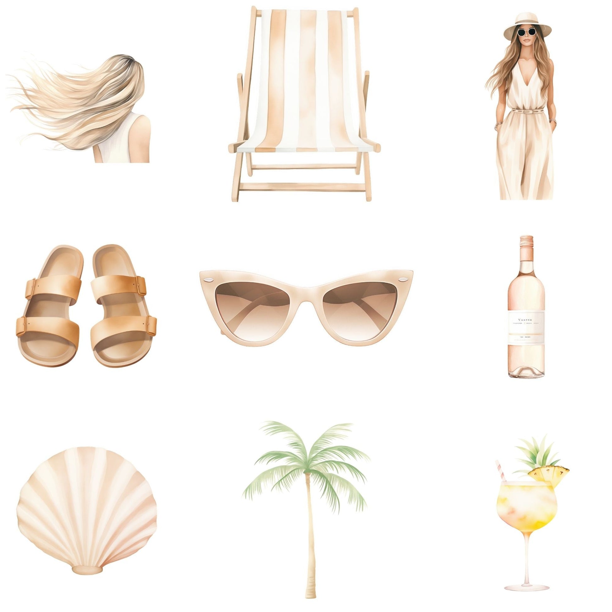 Beach Girl Clipart & Prompts Bundle  MRR PLR | Neutral Summer PNGs | Clipart Commercial Use + Bonus Boundless PLR