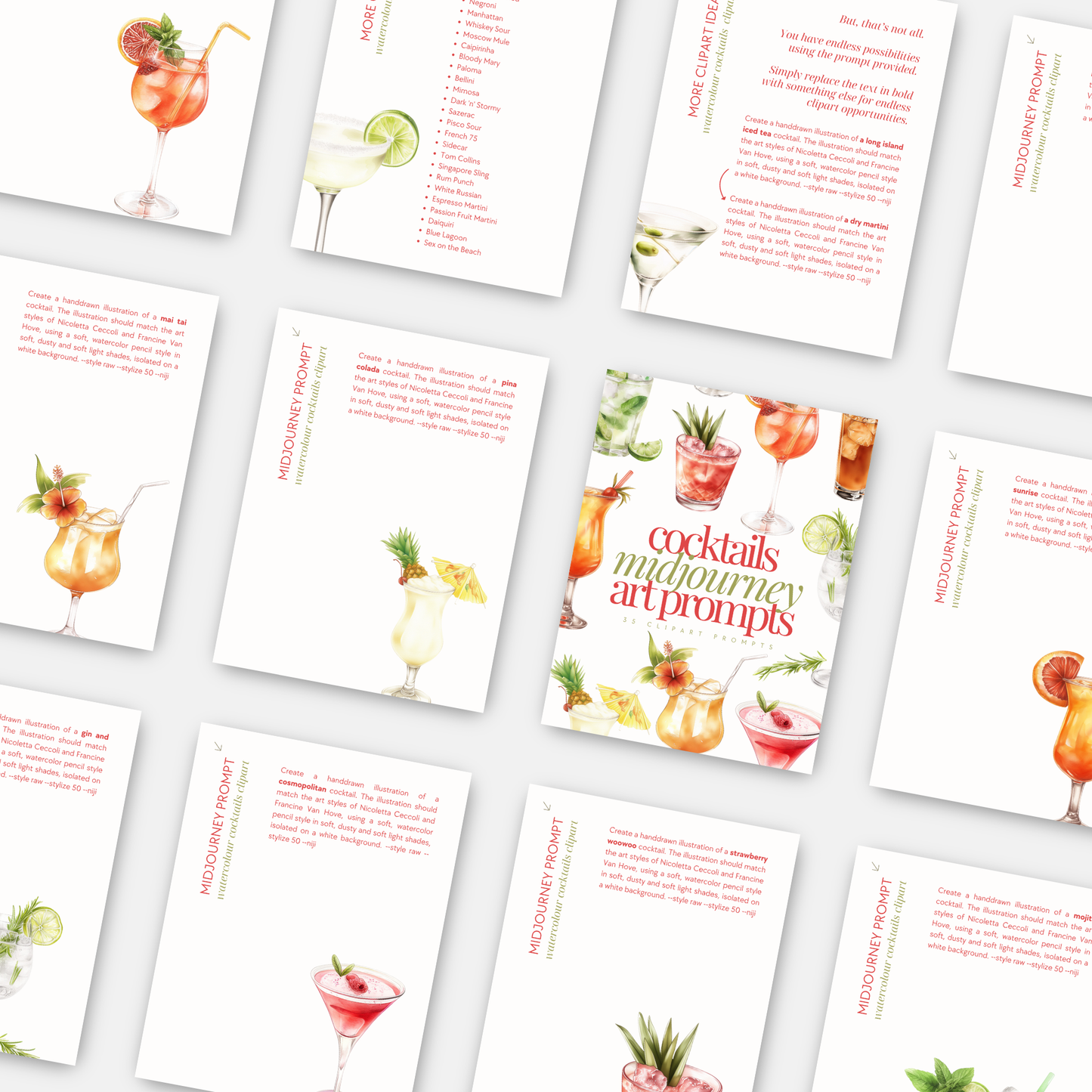 Cocktail Clipart Bundle: 11 Transparent PNGs + Cocktail Prompt Guide (Canva) + Bonus Canva Crash Course Boundless PLR