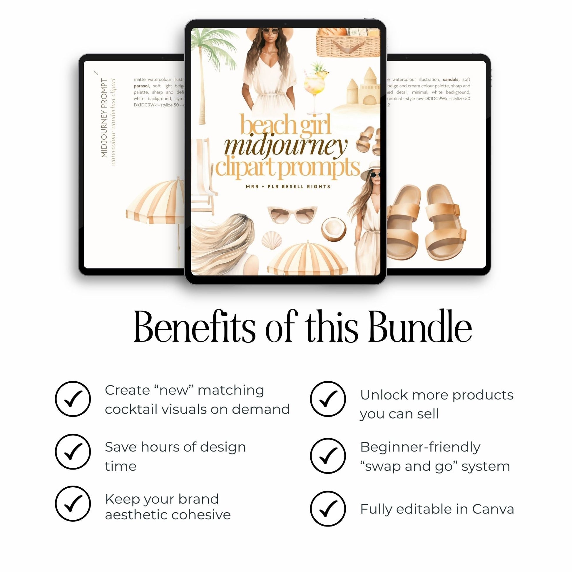 Beach Girl Clipart & Prompts Bundle  MRR PLR | Neutral Summer PNGs | Clipart Commercial Use + Bonus Boundless PLR