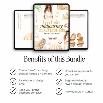 Beach Girl Clipart & Prompts Bundle  MRR PLR | Neutral Summer PNGs | Clipart Commercial Use + Bonus Boundless PLR