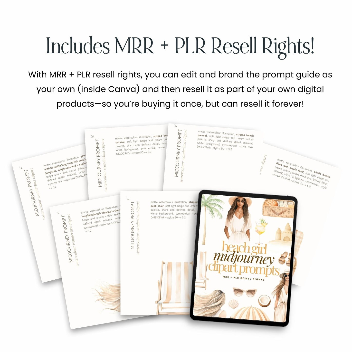 Beach Girl Clipart & Prompts Bundle  MRR PLR | Neutral Summer PNGs | Clipart Commercial Use + Bonus Boundless PLR