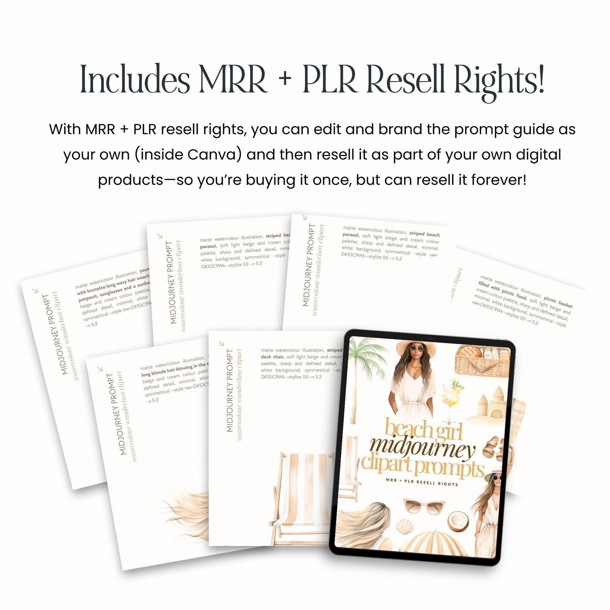 Beach Girl Clipart & Prompts Bundle  MRR PLR | Neutral Summer PNGs | Clipart Commercial Use + Bonus Boundless PLR