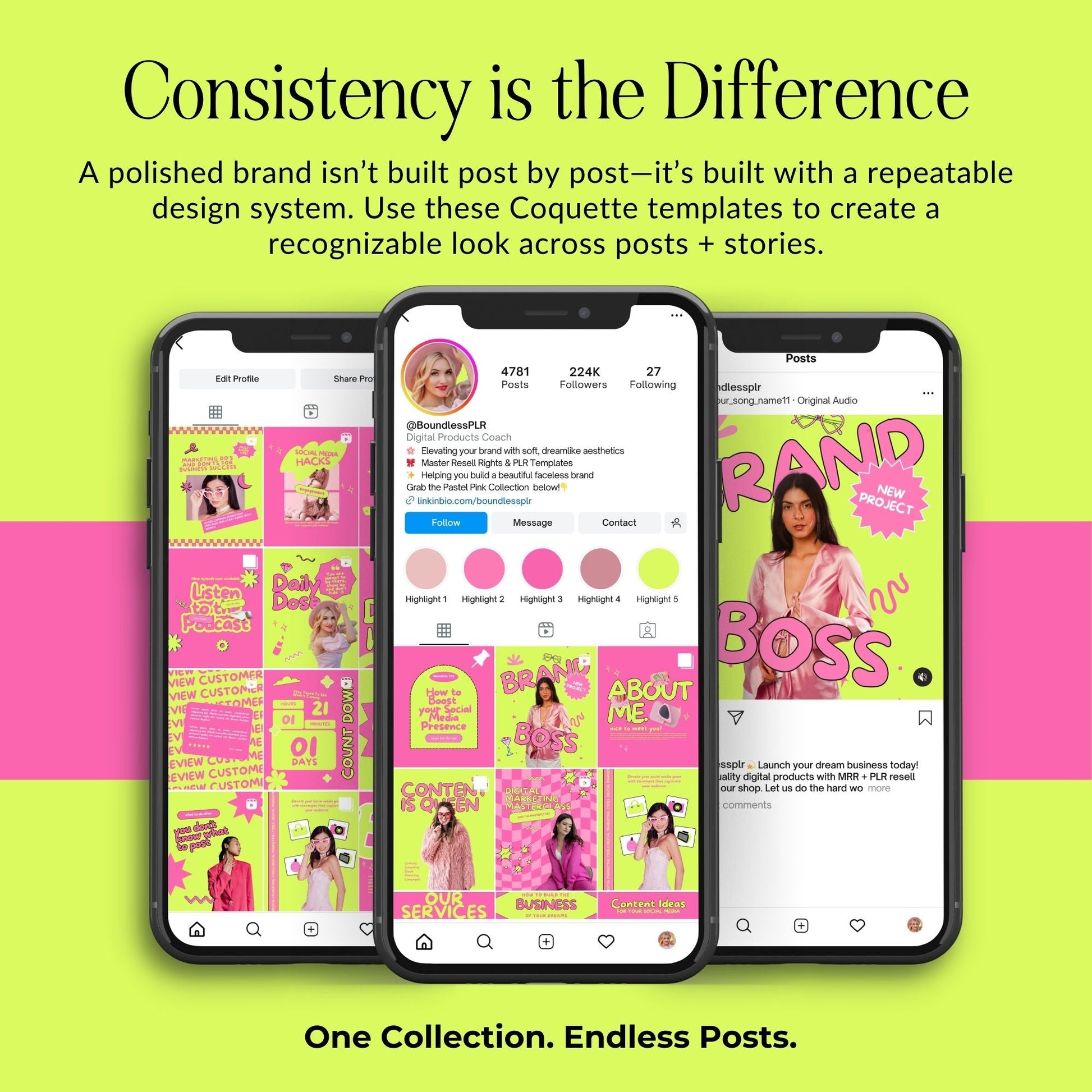 Canva Instagram Templates for Entrepreneurs | Pink Aesthetic Feed & Stories | MRR Digital Product Boundless PLR
