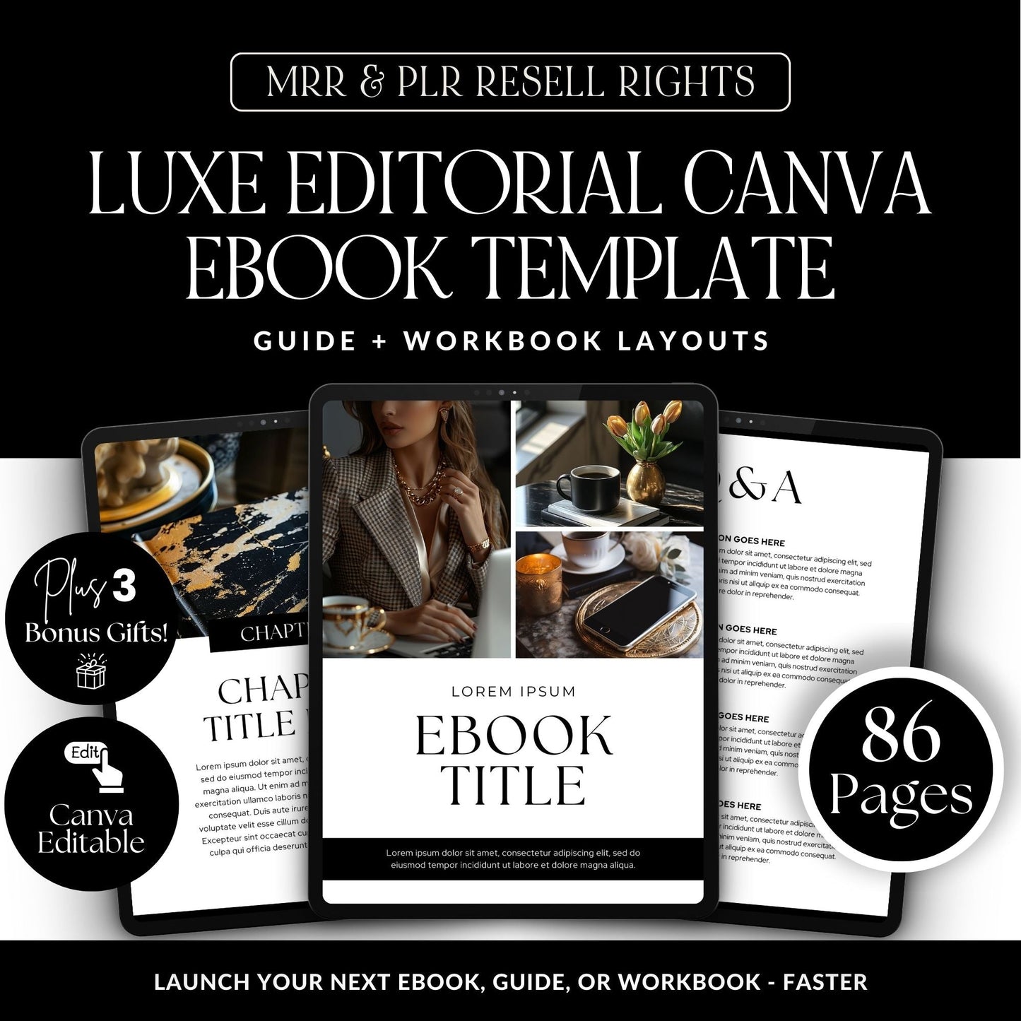 Canva eBook Template (Luxe Editorial) + Workbook & Guide Layouts | MRR + PLR + Bonus Black & Gold Stock Photos Boundless PLR