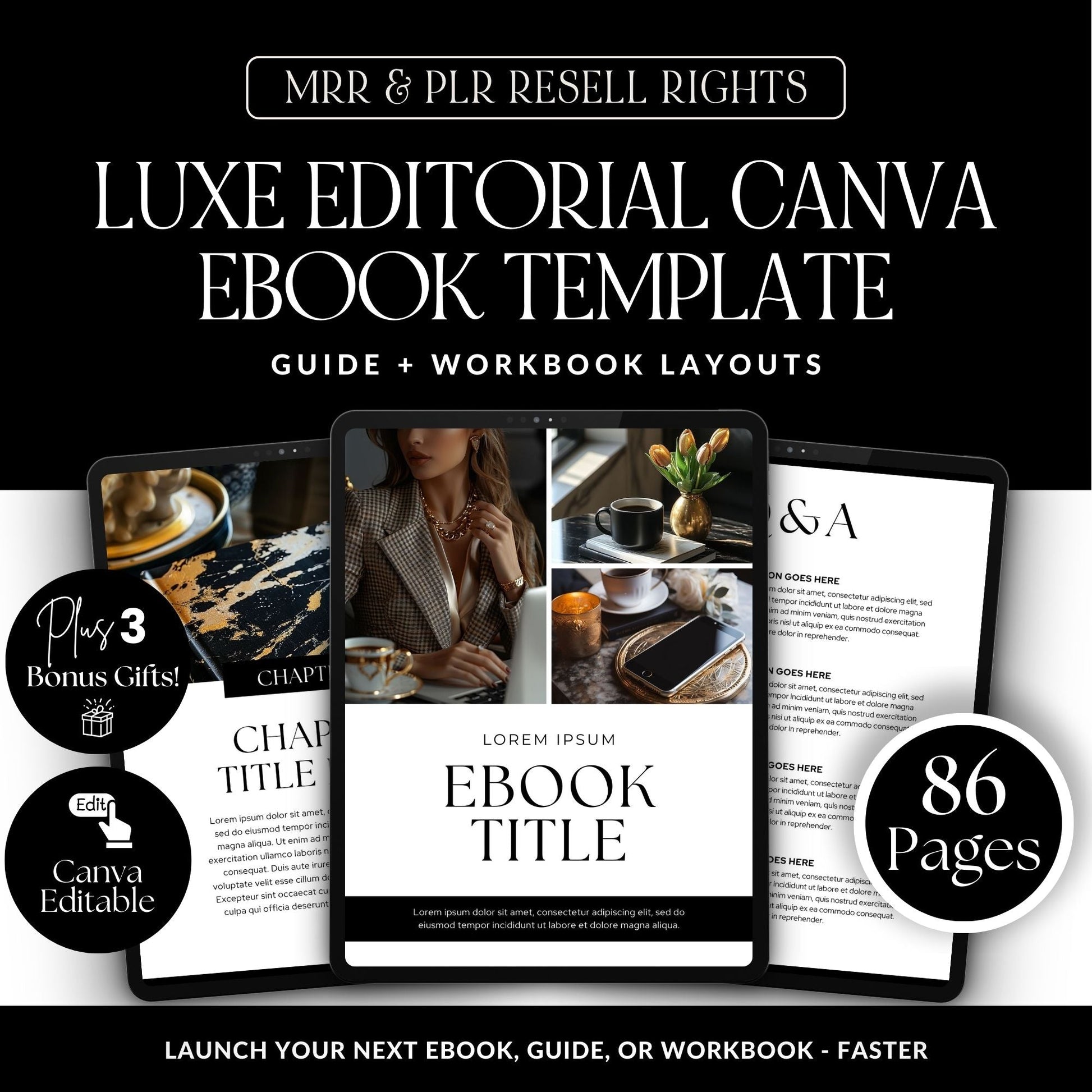 Canva eBook Template (Luxe Editorial) + Workbook & Guide Layouts | MRR + PLR + Bonus Black & Gold Stock Photos Boundless PLR