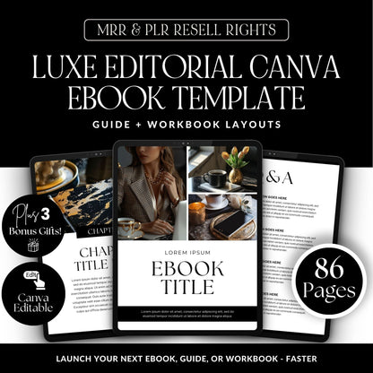 Canva eBook Template (Luxe Editorial) + Workbook & Guide Layouts | MRR + PLR + Bonus Black & Gold Stock Photos Boundless PLR