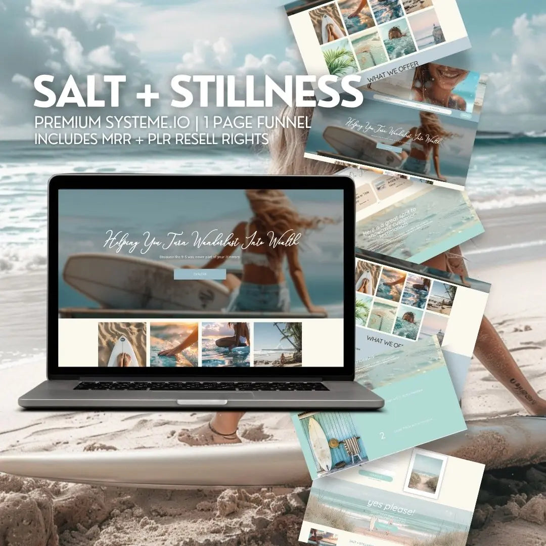 Systeme.io Salt + Stillness Funnel Template – Coastal-Inspired Website for Digital Product Sellers Boundless PLR