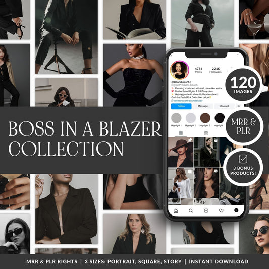 120 AI Stock Photos | Boss In A Blazer PLR MRR | Dark Aesthetic Branding Images | Female Entrepreneur Boundless PLR