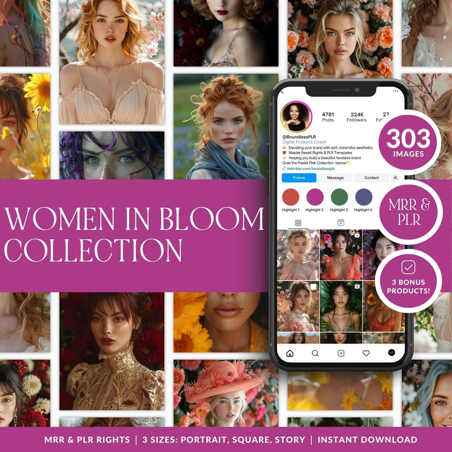 Feminine AI Stock Images Bundle | 3 Sizes: Portrait, Story, Square | PLR MRR Boundless PLR