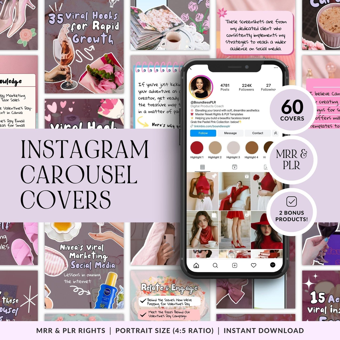 Instagram Carousel Cover Templates Bundle – 60 Canva Hook Slides | MRR + PLR (4:5) Boundless PLR