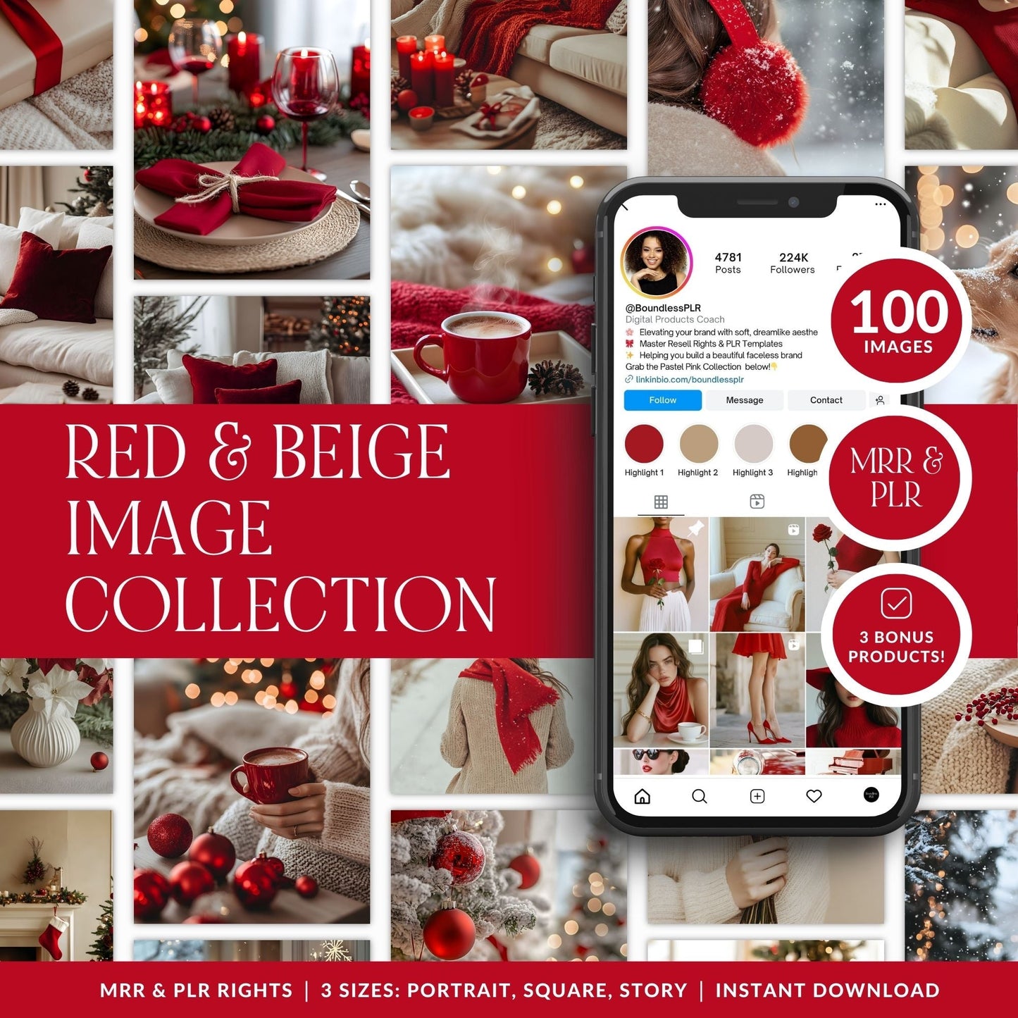 Cozy Christmas Images, Aesthetic Stock Photo Bundle, 100 Red & Beige Photos, Master Resell Rights, PLR Digital Product Boundless PLR