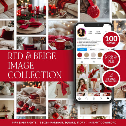 Cozy Christmas Images, Aesthetic Stock Photo Bundle, 100 Red & Beige Photos, Master Resell Rights, PLR Digital Product Boundless PLR