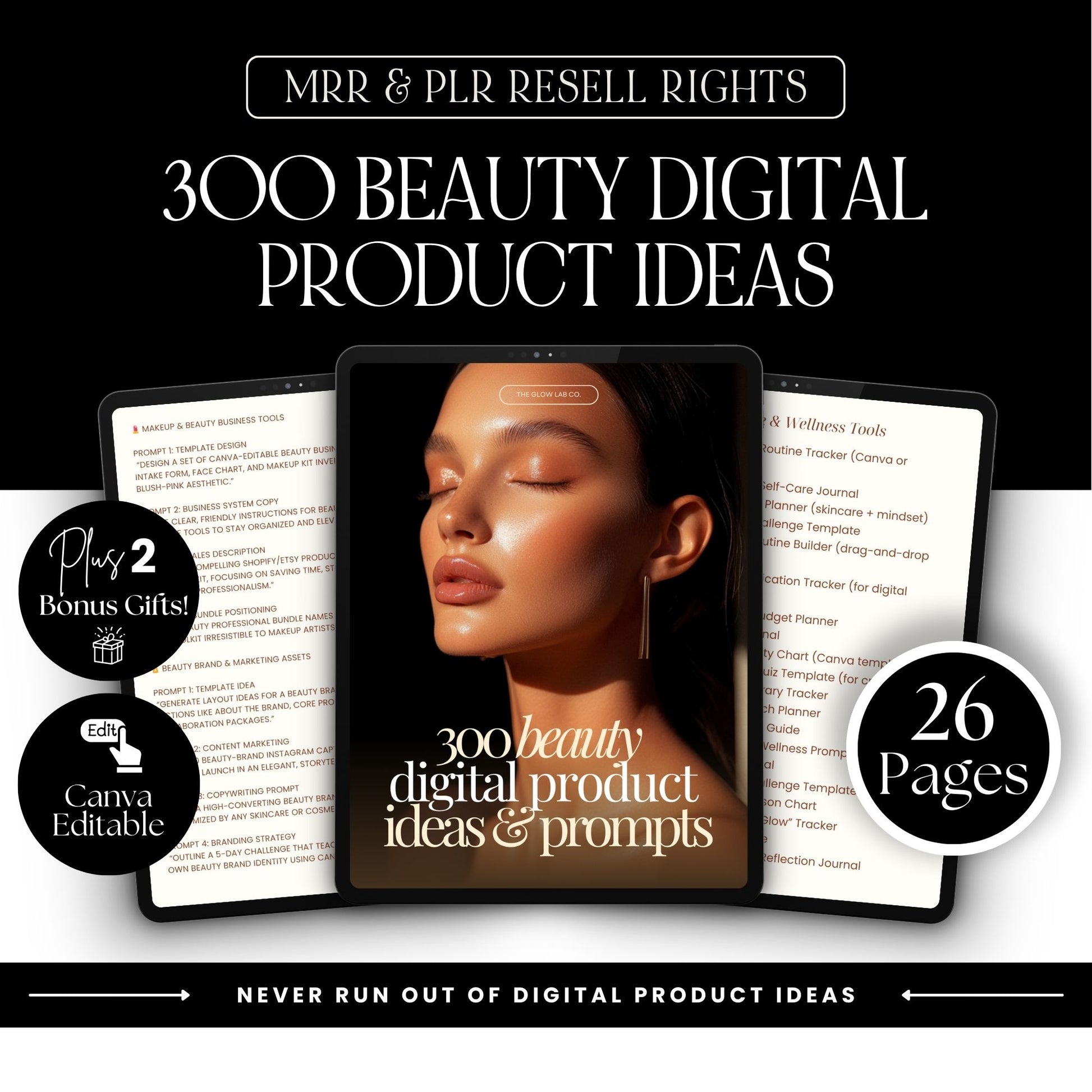 Cover graphic showing “MRR & PLR Resell Rights” and “300 Beauty Digital Product Ideas,” with a tablet mockup and “26 pages” badge, Canva editable.