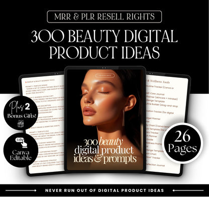 Cover graphic showing “MRR & PLR Resell Rights” and “300 Beauty Digital Product Ideas,” with a tablet mockup and “26 pages” badge, Canva editable.