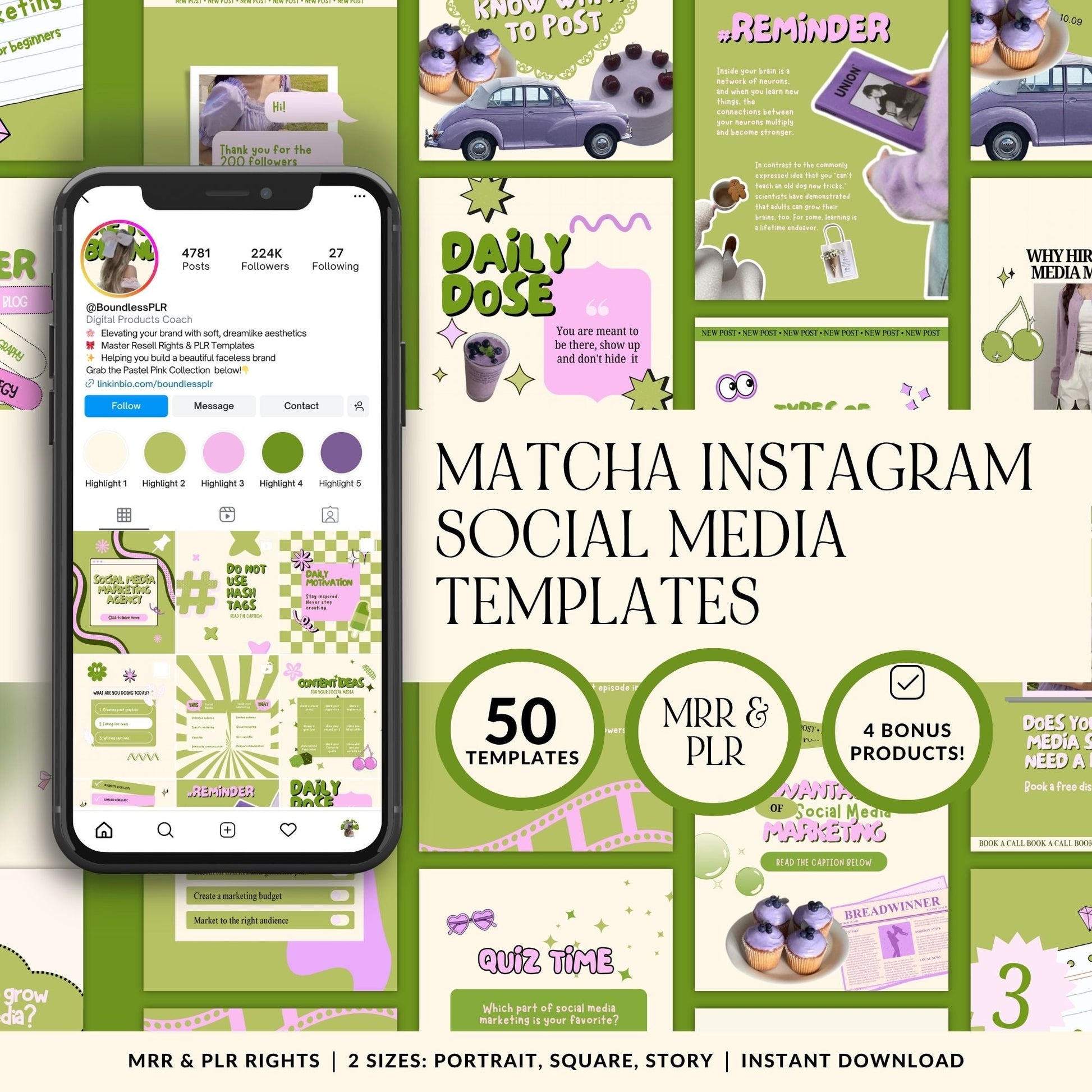 Animated Matcha Green Instagram Templates, Canva MRR PLR Business Social Media Kit, Mint Aesthetic Boundless PLR