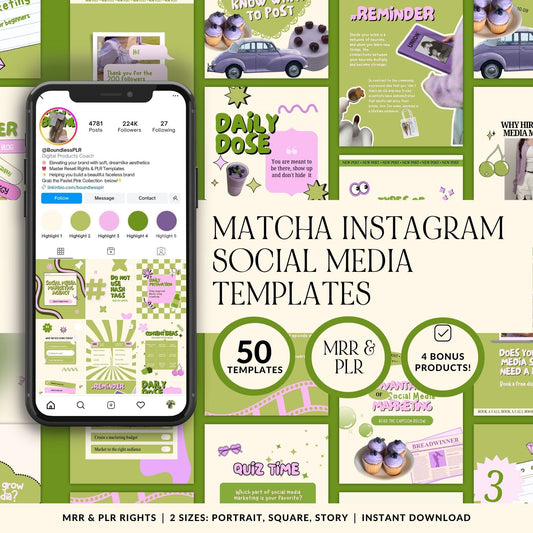 Animated Matcha Green Instagram Templates, Canva MRR PLR Business Social Media Kit, Mint Aesthetic Boundless PLR