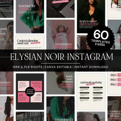 Elysian Noir Instagram Templates — 60 Luxury Canva Posts & Reels with PLR + MRR Boundless PLR