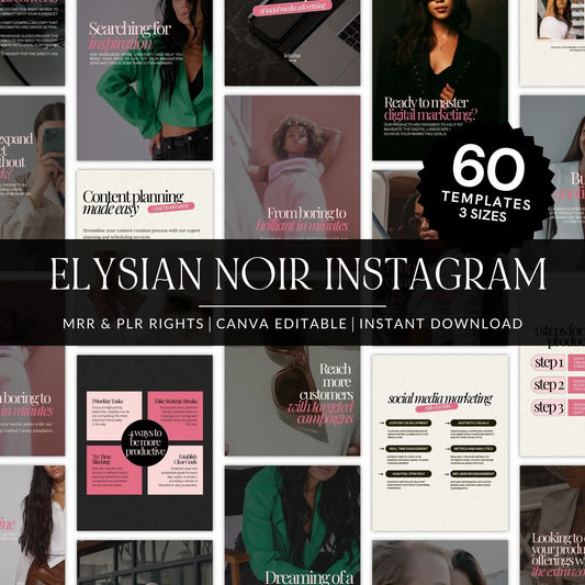Elysian Noir Instagram Templates — 60 Luxury Canva Posts & Reels with PLR + MRR Boundless PLR