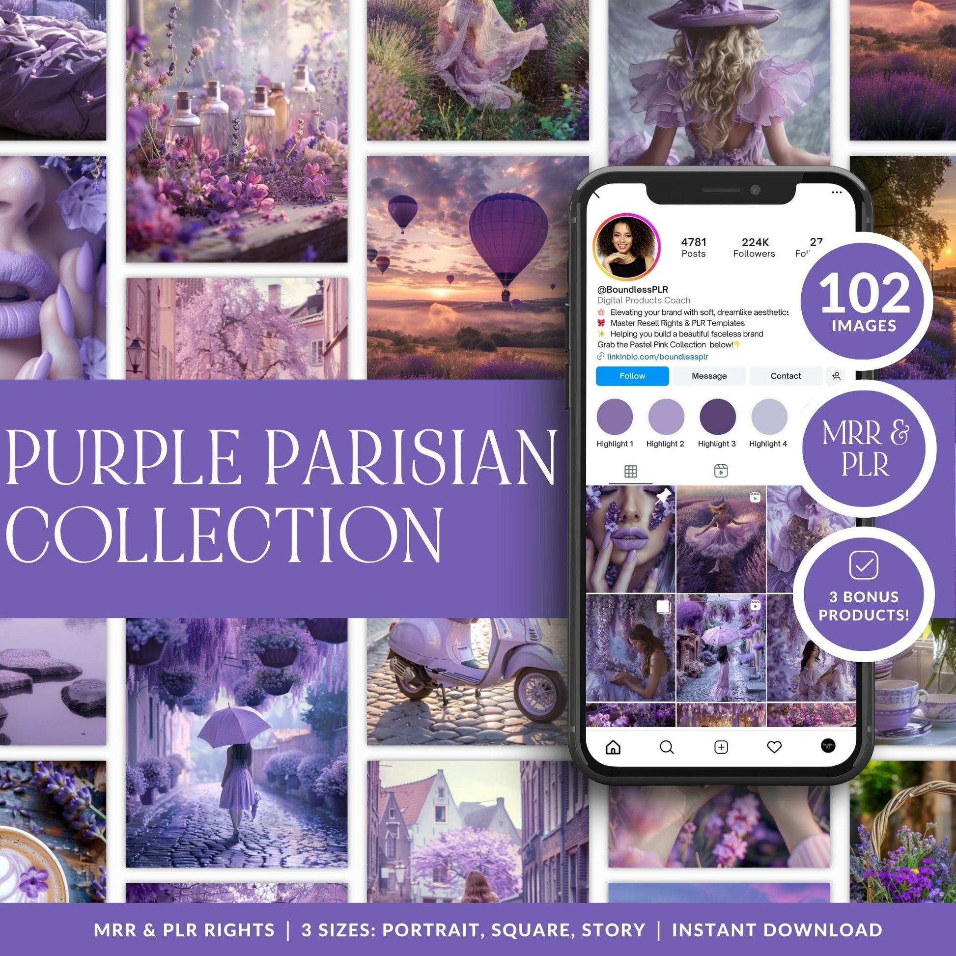 Purple Parisian AI Stock Images | 102 Lavender Aesthetic Canva Images with MRR + PLR Boundless PLR