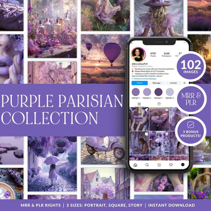 Purple Parisian AI Stock Images | 102 Lavender Aesthetic Canva Images with MRR + PLR Boundless PLR