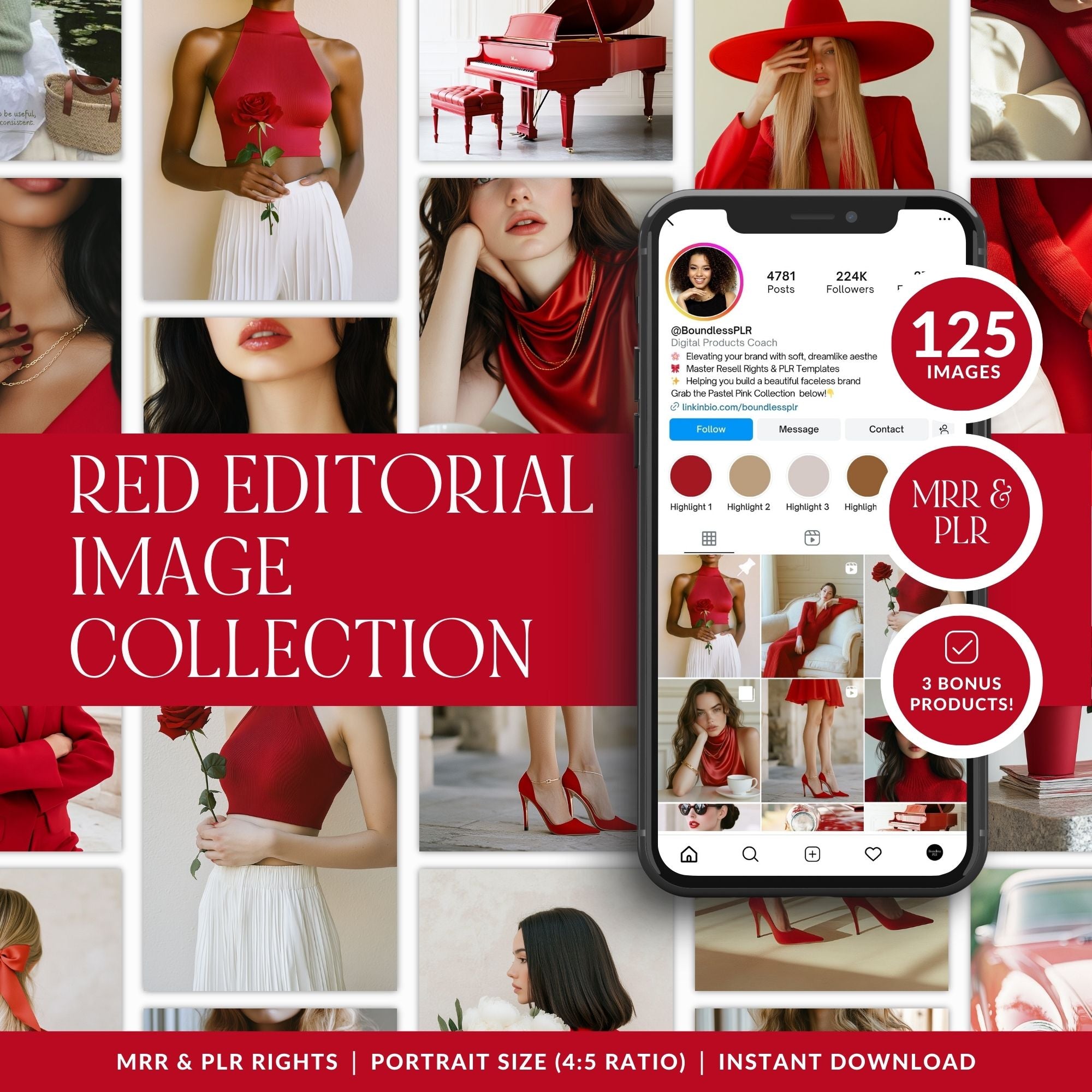 Mockup showcasing the Red Editorial Image Collection, featuring luxury red-toned editorial stock photos displayed in an Instagram grid. Includes 125 high-resolution portrait images with bold red fashion styling, elegant flatlays, and modern lifestyle photography, presented with MRR and PLR resell rights for digital branding and social media use.