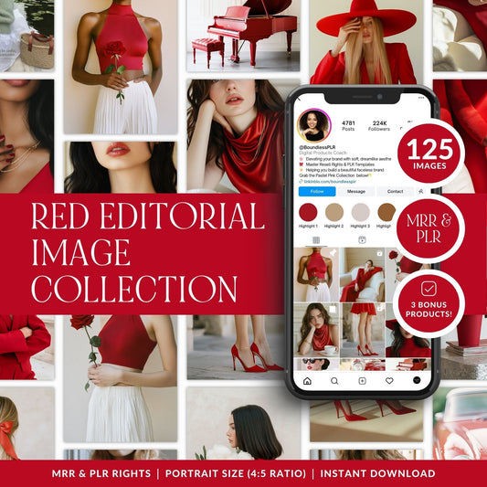Mockup showcasing the Red Editorial Image Collection, featuring luxury red-toned editorial stock photos displayed in an Instagram grid. Includes 125 high-resolution portrait images with bold red fashion styling, elegant flatlays, and modern lifestyle photography, presented with MRR and PLR resell rights for digital branding and social media use.