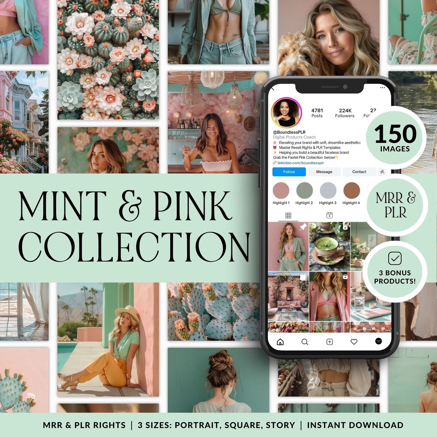 AI Stock Images Bundle | 150 Mint and Pink Stock Photos | 3 Sizes | PLR MRR Resell Rights Boundless PLR