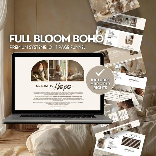 Systeme.io Full Bloom Boho Funnel Template – Editable PLR & MRR with Cozy Plus Size AI Stock Images Boundless PLR