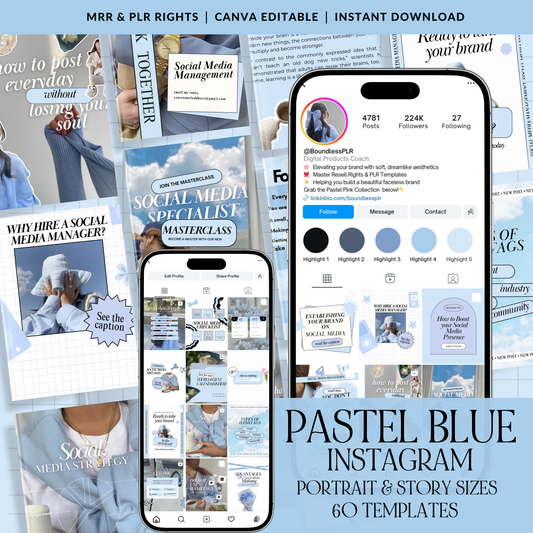 Pastel Blue Instagram Templates | Canva PLR & MRR Resell Rights | 4 Bonuses Boundless PLR