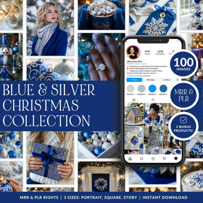100 Blue and Silver Christmas AI Stock Images | Canva Holiday Image Bundle with MRR + PLR