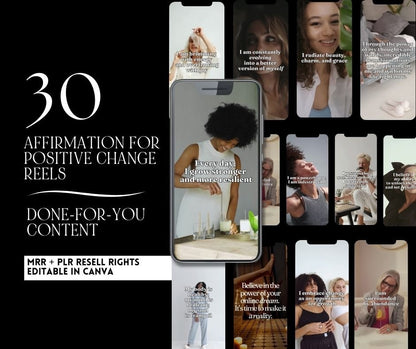 30 Affirmation Reels for Positive Change – Editable Canva Templates with MRR & PLR Resell Rights - Boundless PLR